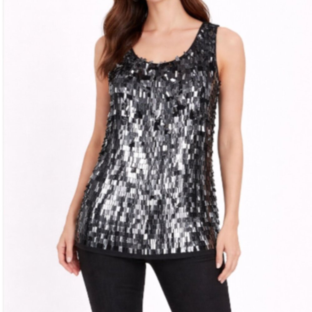 NWT Tory Burch Sequin Tank Top Silk Silver/Navy/Gray Size 12 Party